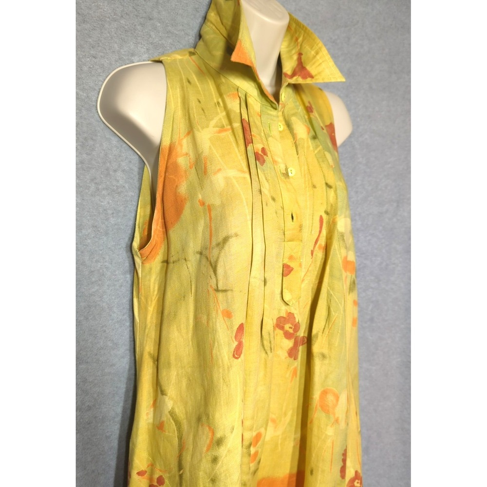 Italian 100% Linen Shirt Dress 42 (6) Sleeveless Green Orange Saveria Milo  Chic